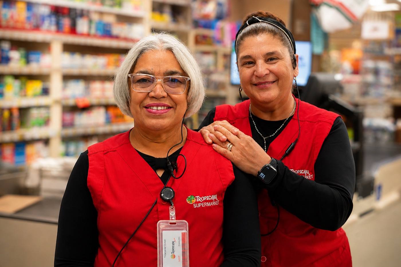 Two smiling Tropicana team members in red vests