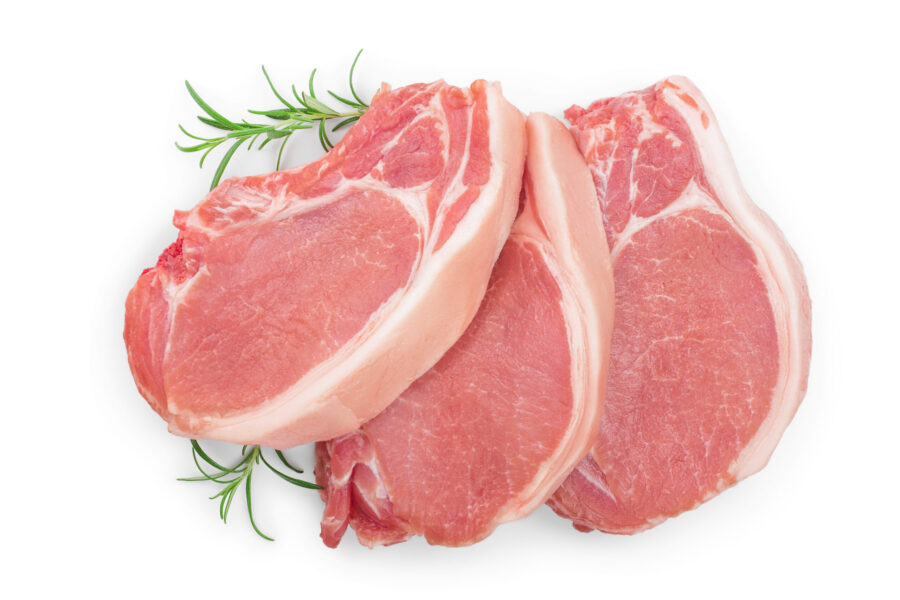 sliced raw pork meat with rosemary isolated on white background. Top view. Flat lay Meat